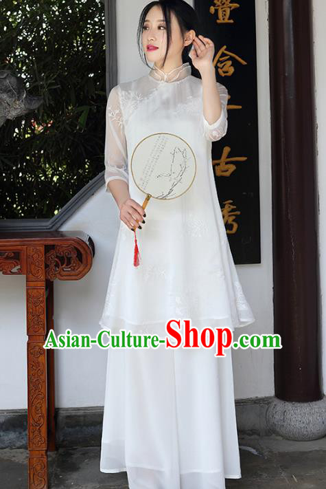 Traditional Chinese National Costume Hanfu White Embroidered Qipao Dress, China Tang Suit Cheongsam for Women