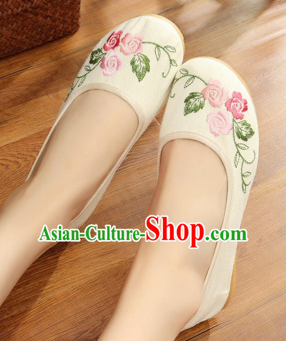 Traditional Chinese National Hanfu Embroidery White Linen Shoes, China Princess Embroidered Shoes for Women