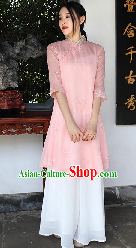 Traditional Chinese National Costume Hanfu Pink Embroidered Qipao Dress, China Tang Suit Cheongsam for Women