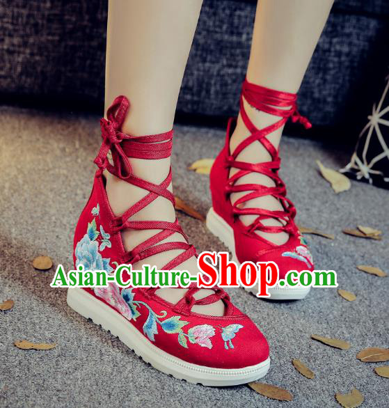 Traditional Chinese National Hanfu Red Embroidered Shoes, China Princess Embroidery Peony Shoes for Women