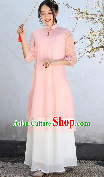 Traditional Chinese National Costume Hanfu Pink Qipao Dress, China Tang Suit Embroidered Cheongsam for Women