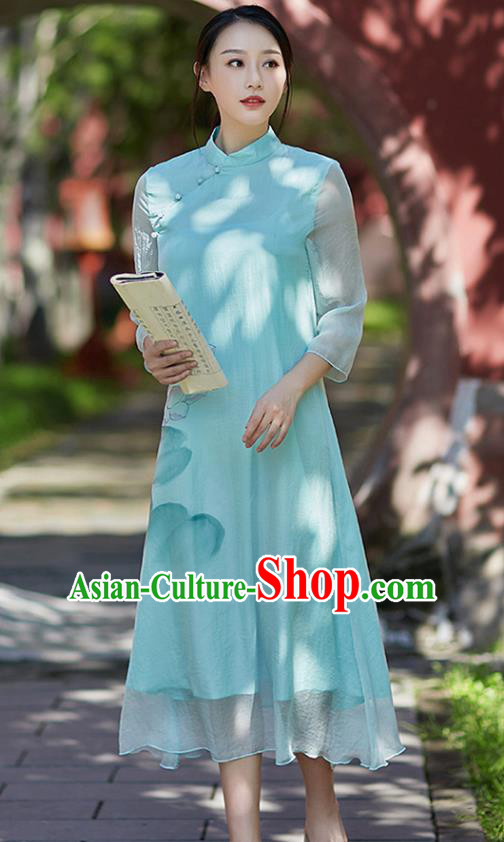 Traditional Chinese National Costume Hanfu Painting Lotus Blue Qipao Dress, China Tang Suit Cheongsam for Women