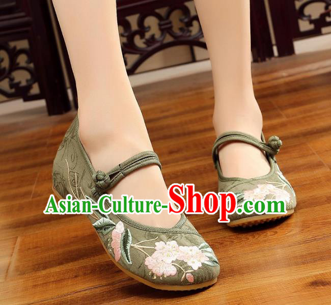 Traditional Chinese National Hanfu Embroidery Begonia Green Shoes, China Princess Embroidered Shoes for Women