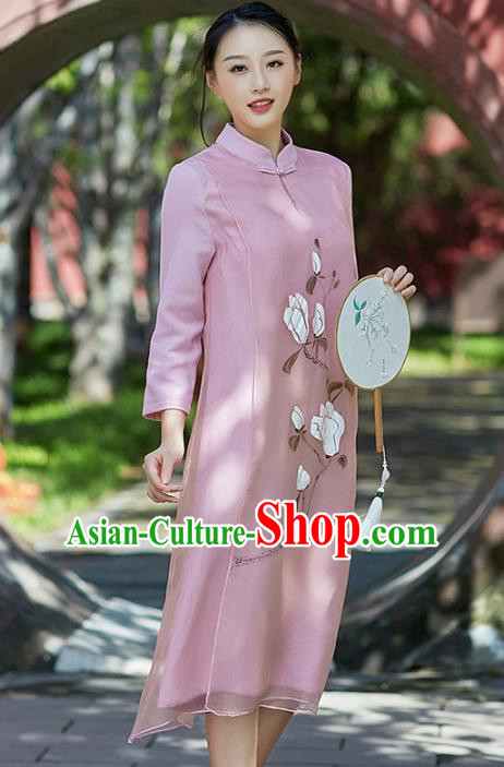 Traditional Chinese National Costume Hanfu Painting Magnolia Pink Qipao Dress, China Tang Suit Cheongsam for Women