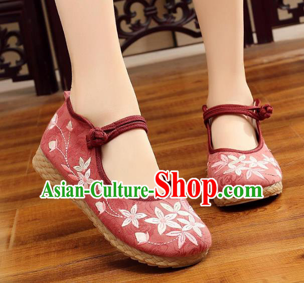 Traditional Chinese National Hanfu Embroidery Cherry Blossom Red Shoes, China Princess Embroidered Shoes for Women