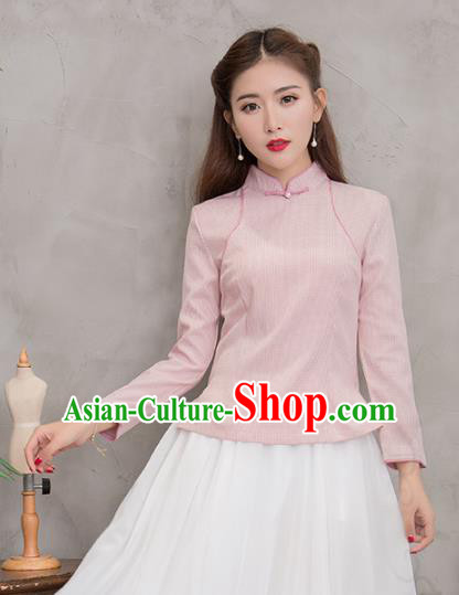 Traditional Chinese National Costume Hanfu Pink Stand Collar Blouse, China Tang Suit Cheongsam Upper Outer Garment Shirt for Women