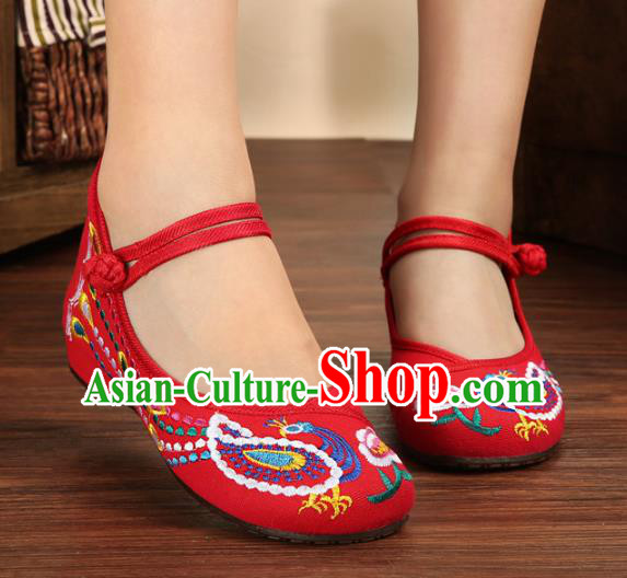 Traditional Chinese National Hanfu Embroidery Phoenix Red Shoes, China Princess Embroidered Shoes for Women