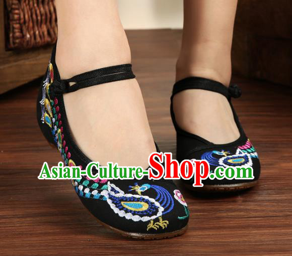 Traditional Chinese National Hanfu Embroidery Phoenix Black Shoes, China Princess Embroidered Shoes for Women