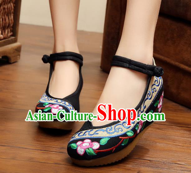 Traditional Chinese National Hanfu Embroidery Flowers Black Shoes, China Princess Embroidered Shoes for Women