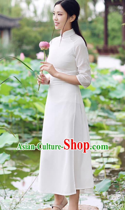 Traditional Chinese National Costume Hanfu White Qipao Dress, China Tang Suit Cheongsam for Women