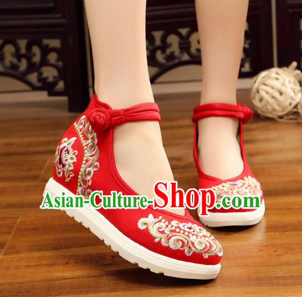 Traditional Chinese National Hanfu Red Canvas Embroidery Shoes, China Princess Embroidered Shoes for Women