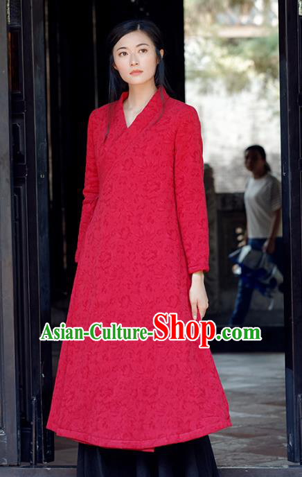 Traditional Chinese National Costume Hanfu Slant Opening Cotton-padded Coats, China Tang Suit Red Dust Coat for Women