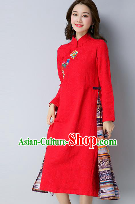 Traditional Chinese National Costume Hanfu Embroidered Red Qipao Dress, China Tang Suit Cheongsam for Women