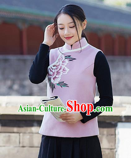 Traditional Chinese National Costume Hanfu Painting Peony Woolen Vests, China Tang Suit Waistcoat for Women