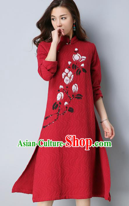 Traditional Chinese National Costume Hanfu Printing Magnolia Qipao, China Tang Suit Cheongsam Dress for Women