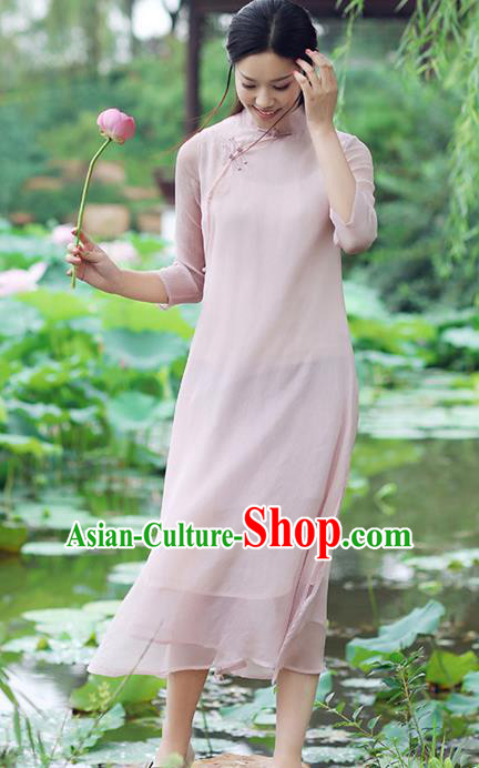 Traditional Chinese National Costume Hanfu Pink Stand Collar Qipao Dress, China Tang Suit Cheongsam for Women