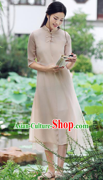 Traditional Chinese National Costume Hanfu Khaki Stand Collar Qipao Dress, China Tang Suit Cheongsam for Women