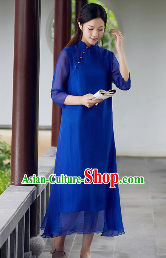 Traditional Chinese National Costume Hanfu Slant Opening Blue Qipao Dress, China Tang Suit Cheongsam for Women