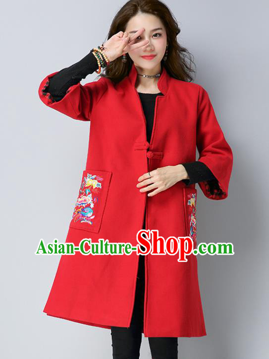 Traditional Chinese National Costume Hanfu Embroidered Red Coat, China Tang Suit Woolen Dust Coat for Women