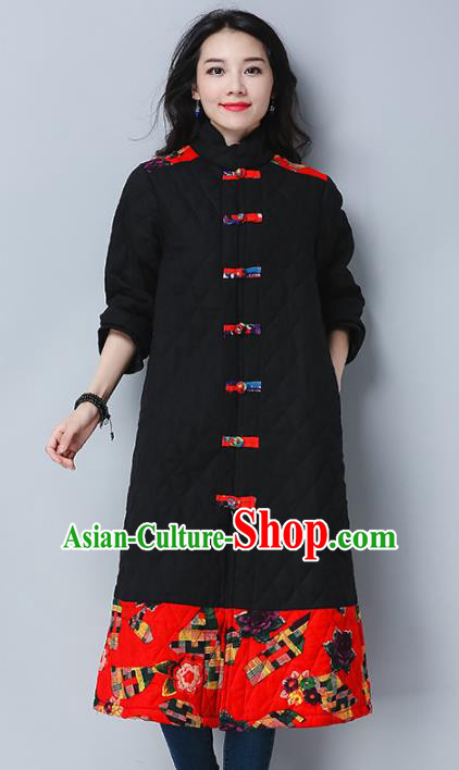 Traditional Chinese National Costume Hanfu Embroidered Cotton-padded Coat, China Tang Suit Plated Buttons Black Dust Coat for Women