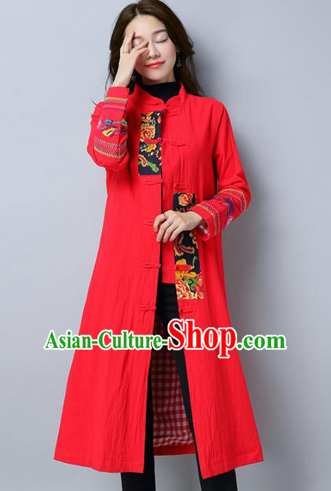Traditional Chinese National Costume Hanfu Embroidered Red Coat, China Tang Suit Outer Garment Dust Coat for Women