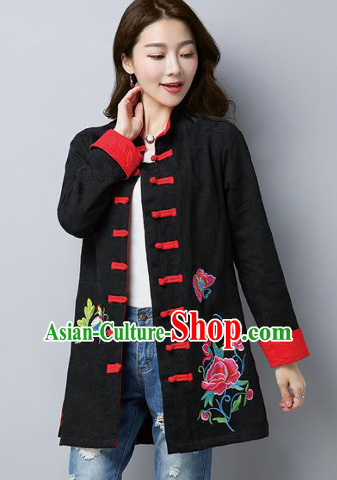 Traditional Chinese National Costume Hanfu Plated Buttons Black Embroidered Coats, China Tang Suit Coat for Women