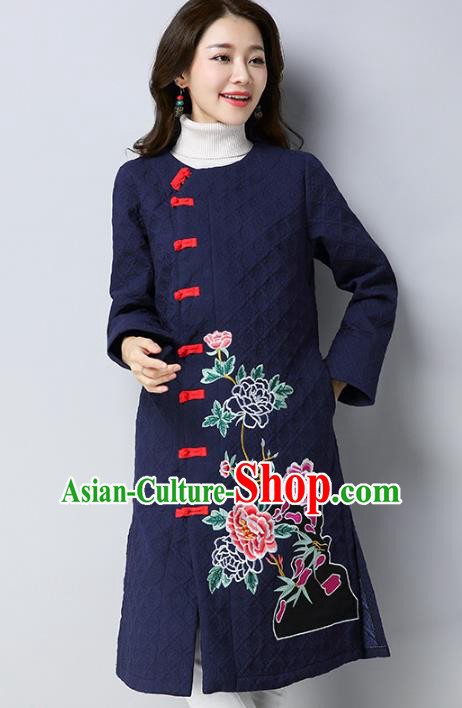 Traditional Chinese National Costume Hanfu Navy Embroidered Dust Coat, China Tang Suit Outer Garment Coat for Women