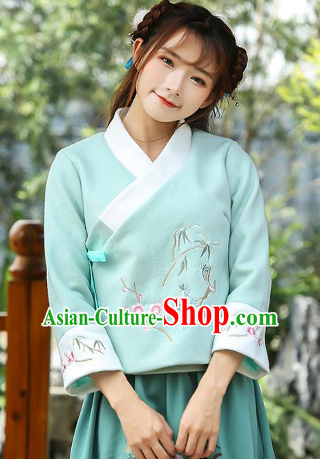 Traditional Chinese National Costume Hanfu Embroidery Blue Blouse, China Tang Suit Cheongsam Upper Outer Garment Shirt for Women