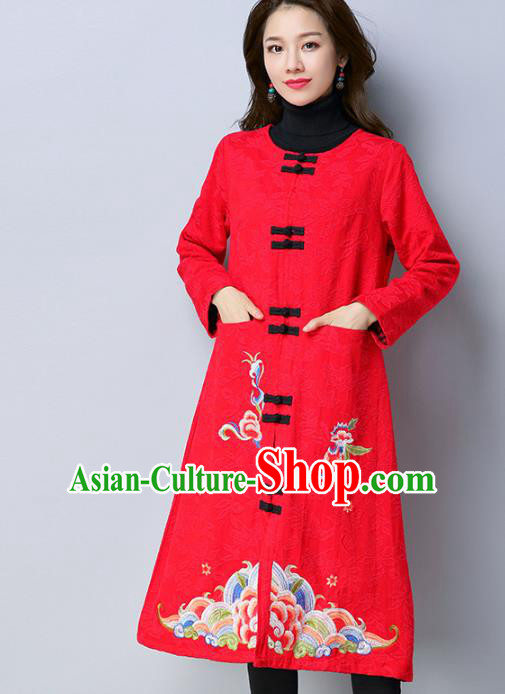 Traditional Chinese National Costume Hanfu Red Embroidered Dust Coat, China Tang Suit Long Coat for Women