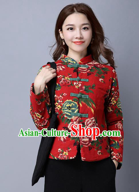 Traditional Chinese National Costume Hanfu Red Cotton-padded Jacket, China Tang Suit Coat for Women