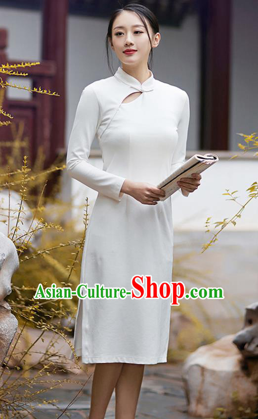 Traditional Chinese National Costume Hanfu White Qipao Dress, China Tang Suit Cheongsam for Women