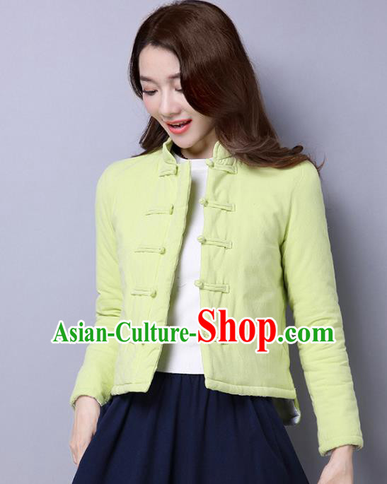 Traditional Chinese National Costume Hanfu Green Cotton-padded Jacket, China Tang Suit Coat for Women