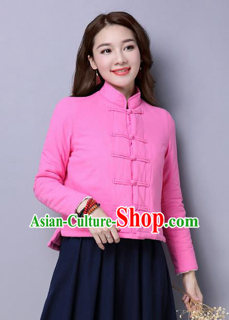 Traditional Chinese National Costume Hanfu Rosy Cotton-padded Jacket, China Tang Suit Coat for Women