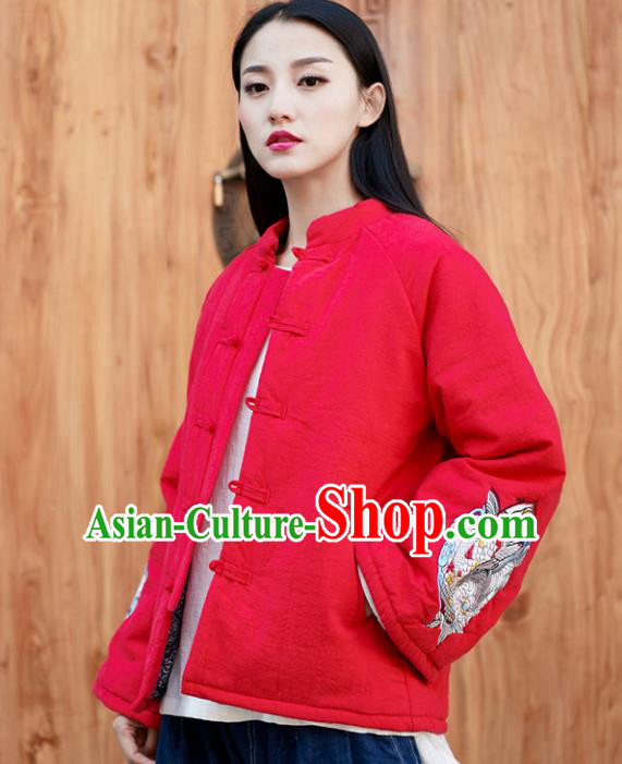 Traditional Chinese National Costume Hanfu Embroidered Red Cotton-padded Jacket, China Tang Suit Red Coat for Women