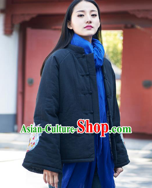 Traditional Chinese National Costume Hanfu Embroidered Black Cotton-padded Jacket, China Tang Suit Red Coat for Women