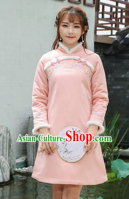 Traditional Chinese National Costume Hanfu Pink Embroidered Qipao, China Tang Suit Cheongsam Dress for Women