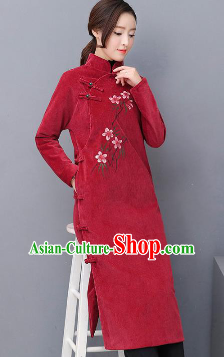 Traditional Chinese National Costume Hanfu Wine Red Qipao, China Tang Suit Cheongsam Dress for Women