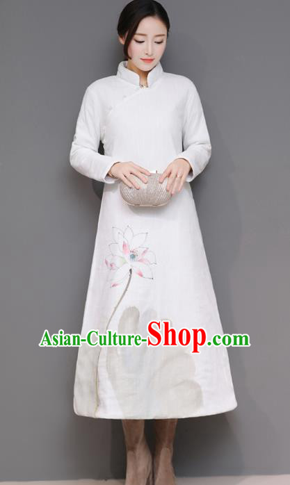 Traditional Chinese National Costume Hanfu White Qipao Dress, China Tang Suit Cheongsam for Women