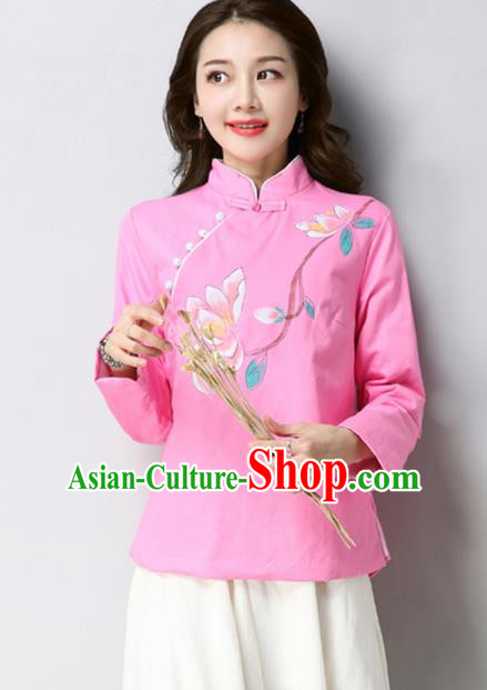 Traditional Chinese National Costume Hanfu Printing Magnolia Pink Qipao Blouse, China Tang Suit Cheongsam Shirts for Women