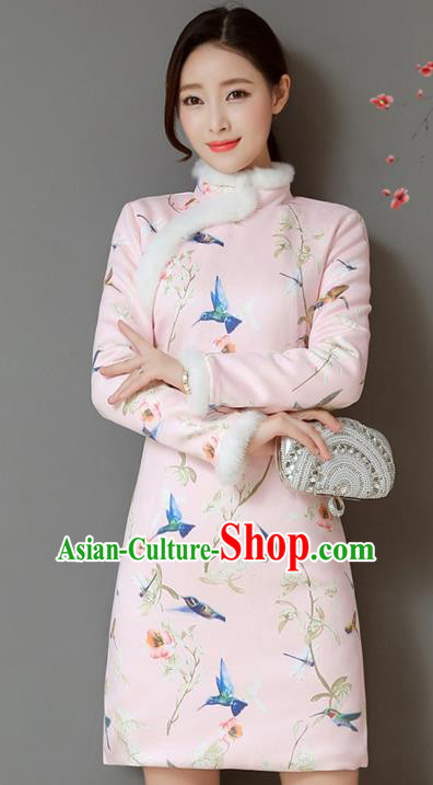 Traditional Chinese National Costume Hanfu Printing Birds Pink Qipao Dress, China Tang Suit Cheongsam for Women