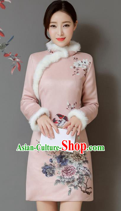 Traditional Chinese National Costume Hanfu Printing Flowers Pink Qipao Dress, China Tang Suit Cheongsam for Women