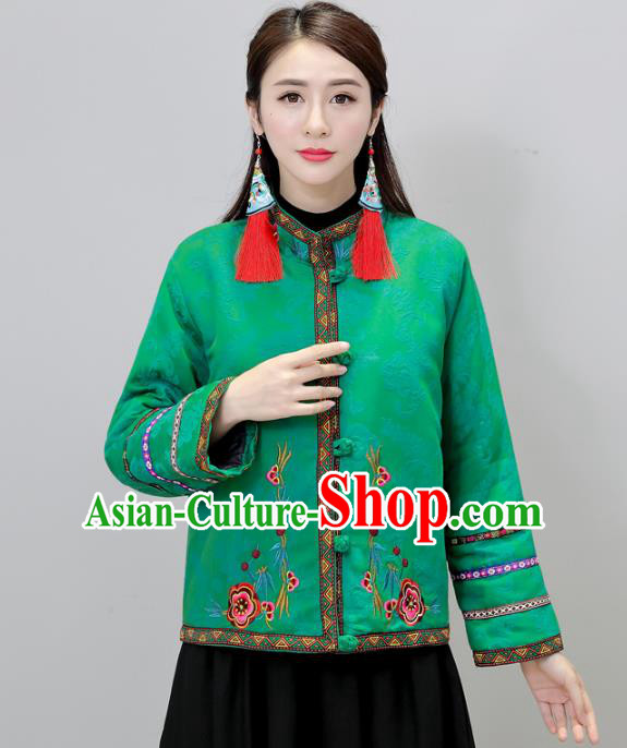 Traditional Chinese National Costume Hanfu Embroidered Green Jacket, China Tang Suit Coat for Women