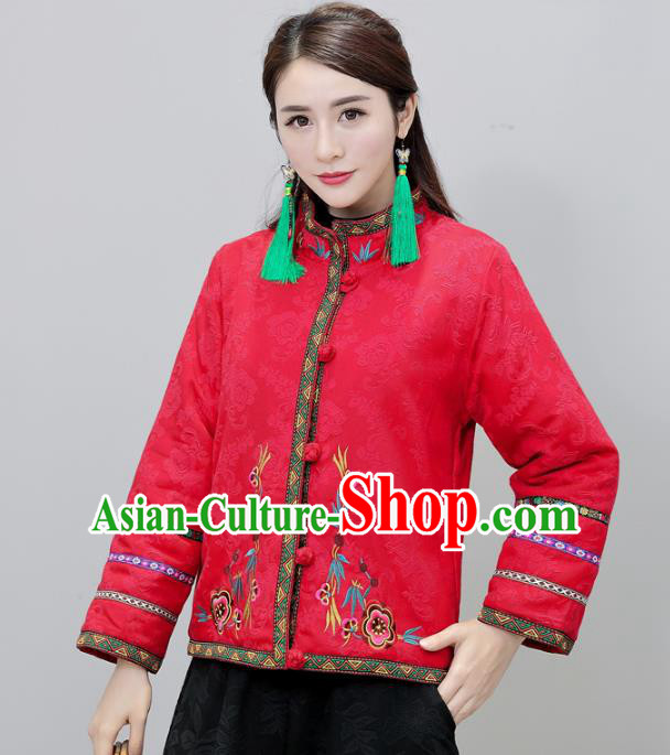 Traditional Chinese National Costume Hanfu Embroidered Red Jacket, China Tang Suit Coat for Women