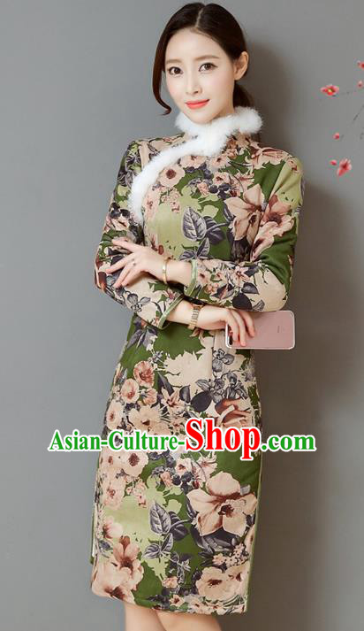 Traditional Chinese National Costume Hanfu Printing Green Qipao, China Tang Suit Cheongsam Dress for Women
