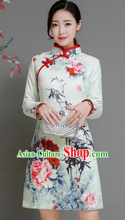 Traditional Chinese National Costume Hanfu Printing Peony White Qipao, China Tang Suit Cheongsam Dress for Women