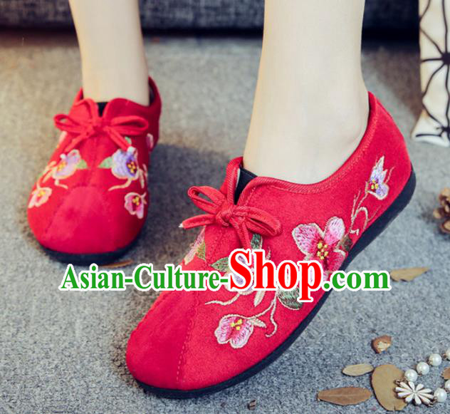 Traditional Chinese National Hanfu Embroidery Flowers Red Shoes, China Ancient Embroidered Shoes for Women