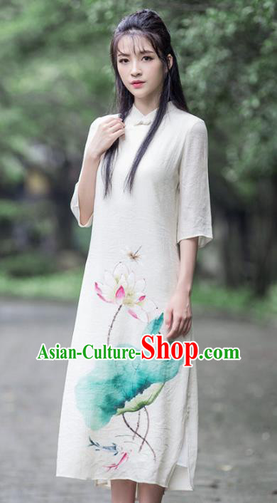 Traditional Chinese National Costume Hanfu White Linen Painting Lotus Qipao, China Tang Suit Cheongsam Dress for Women