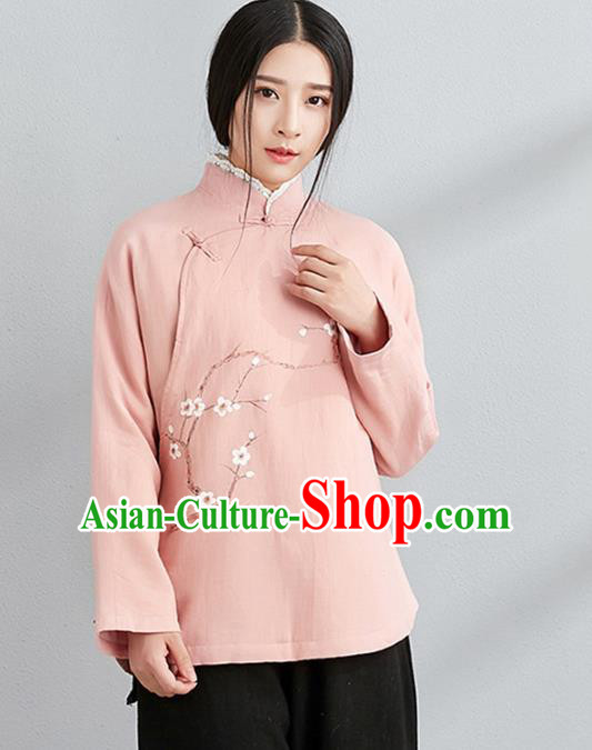 Traditional Chinese National Costume Hanfu Painting Wintersweet Pink Blouse, China Tang Suit Cheongsam Upper Outer Garment Shirt for Women