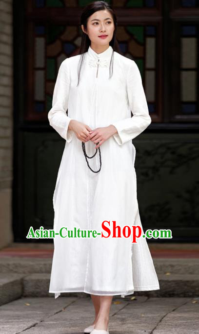 Traditional Chinese National Costume Hanfu White Linen Qipao, China Tang Suit Cheongsam Dress for Women