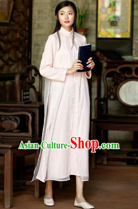Traditional Chinese National Costume Hanfu Pink Linen Qipao, China Tang Suit Cheongsam Dress for Women